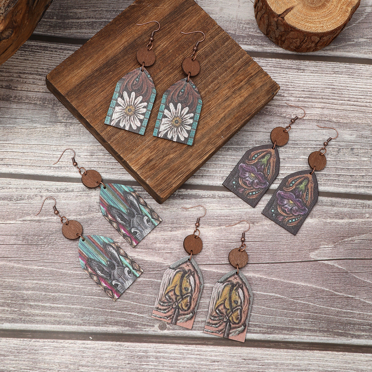 Wholesale Western Style Wooden Bull Head Flower Pattern Earrings